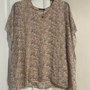 Lotusmile 2X XXL Floral Chiffon Poncho Blouse Beige Taupe V Neck Layered NWT
